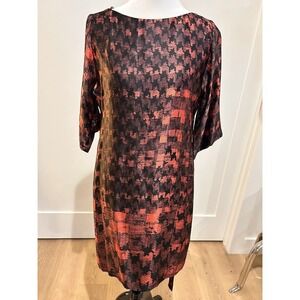 BOSS Hugo Boss Black Red Houndstooth Print Silk Dress 3/4 Sleeve Belted Chic